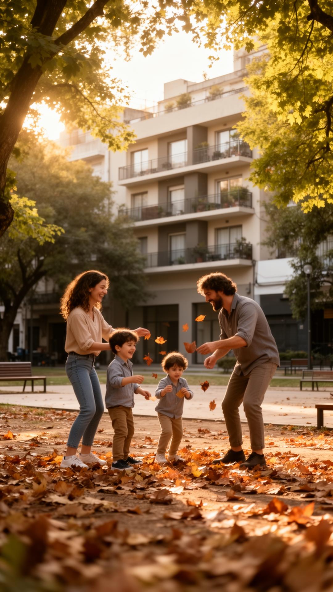Familia jugando en una plaza de Villa Ortúzar al atardecer