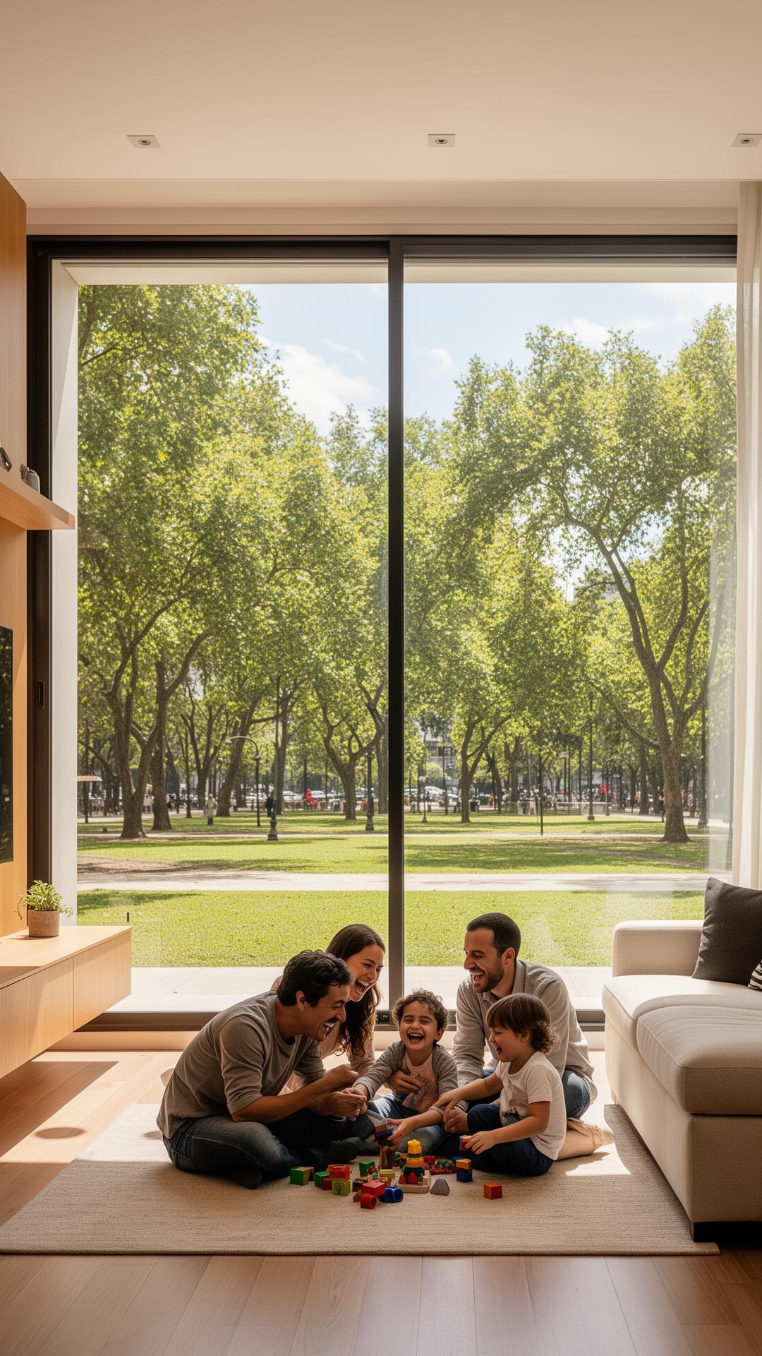 Familia compartiendo un momento en el living de un departamento moderno y luminoso
